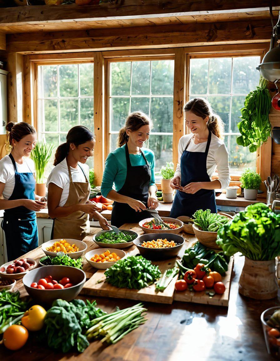 A cozy kitchen scene featuring a diverse group of friends joyfully cooking together with fresh, organic ingredients scattered around. Show a vibrant array of vegetables, herbs, and grains while they utilize sustainable cooking techniques like a solar oven and homegrown produce. Include sunlight streaming through a window, creating a warm atmosphere. super-realistic. vibrant colors. rustic style.