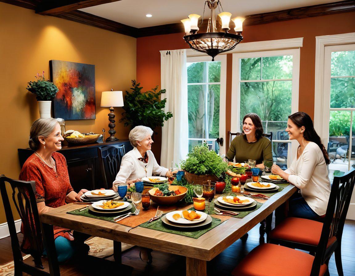 A beautifully set dining table with an array of gourmet dishes, showcasing vibrant colors and intricate details. Family members are joyfully gathered around, sharing stories and laughter, with soft lighting creating a warm atmosphere. Decorative elements like fresh herbs and rustic tableware enhance the scene's inviting feel. Include a backdrop of a cozy kitchen to emphasize the culinary aspect. painting. vibrant colors. warm tones.