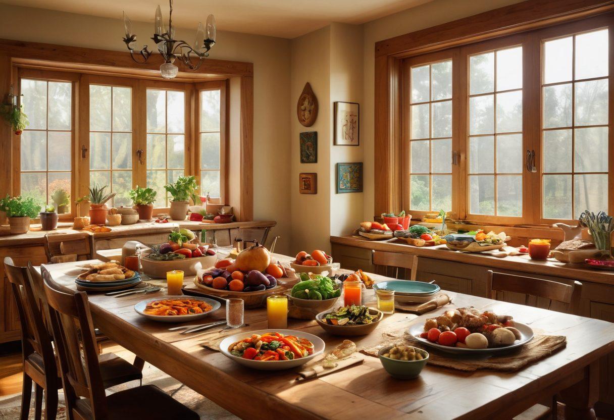 A warm, inviting kitchen scene with a large wooden dining table set for a family meal, adorned with colorful dishes filled with culinary delights like roasted vegetables, fresh bread, and dessert. Soft sunlight streams through a window, highlighting a cozy atmosphere filled with laughter and love. Include family members of diverse backgrounds joyfully preparing food together. Super-realistic. Vibrant colors. Warm tones.